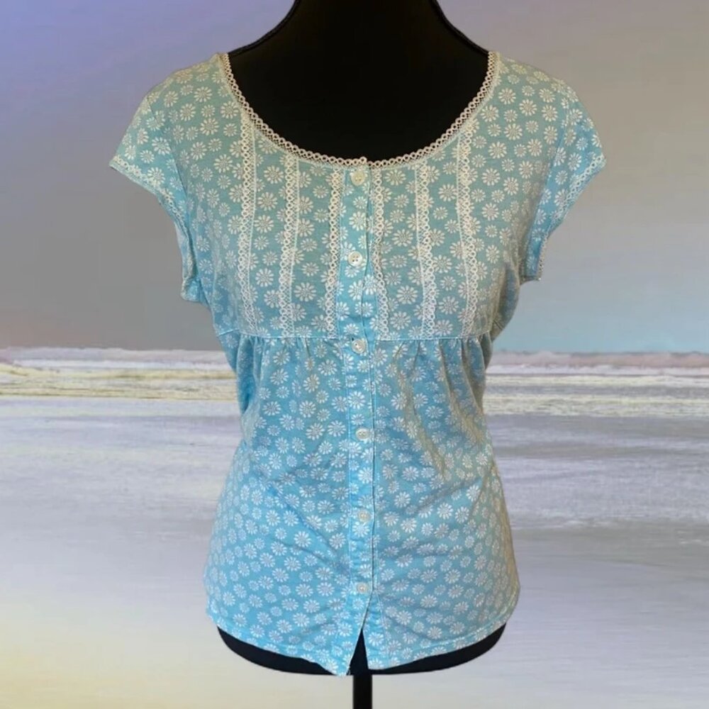 vintage floral button up light blue lace top